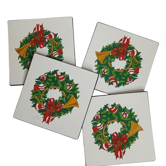 Set of 4 Vintage Christmas Coasters Fox Hunting French Horn in a Wooden Box - Picture 3 of 13